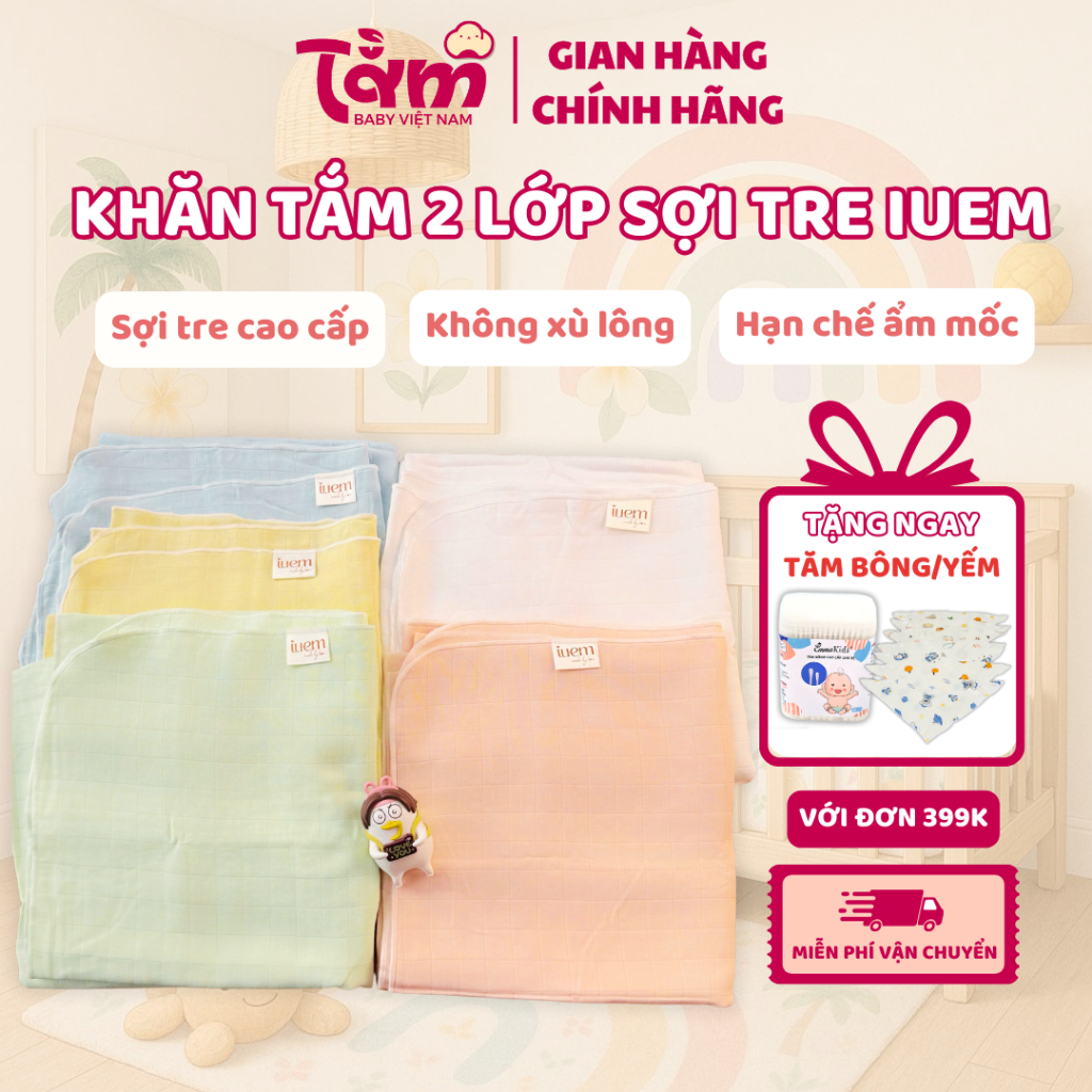 Khăn Tắm Đa Năng Sợi Tre Lụa 2 lớp IUEM 90x95cm– Mỏng Nhẹ, Không Bụi Vải, Không Sờn - Tằm Baby Việt 