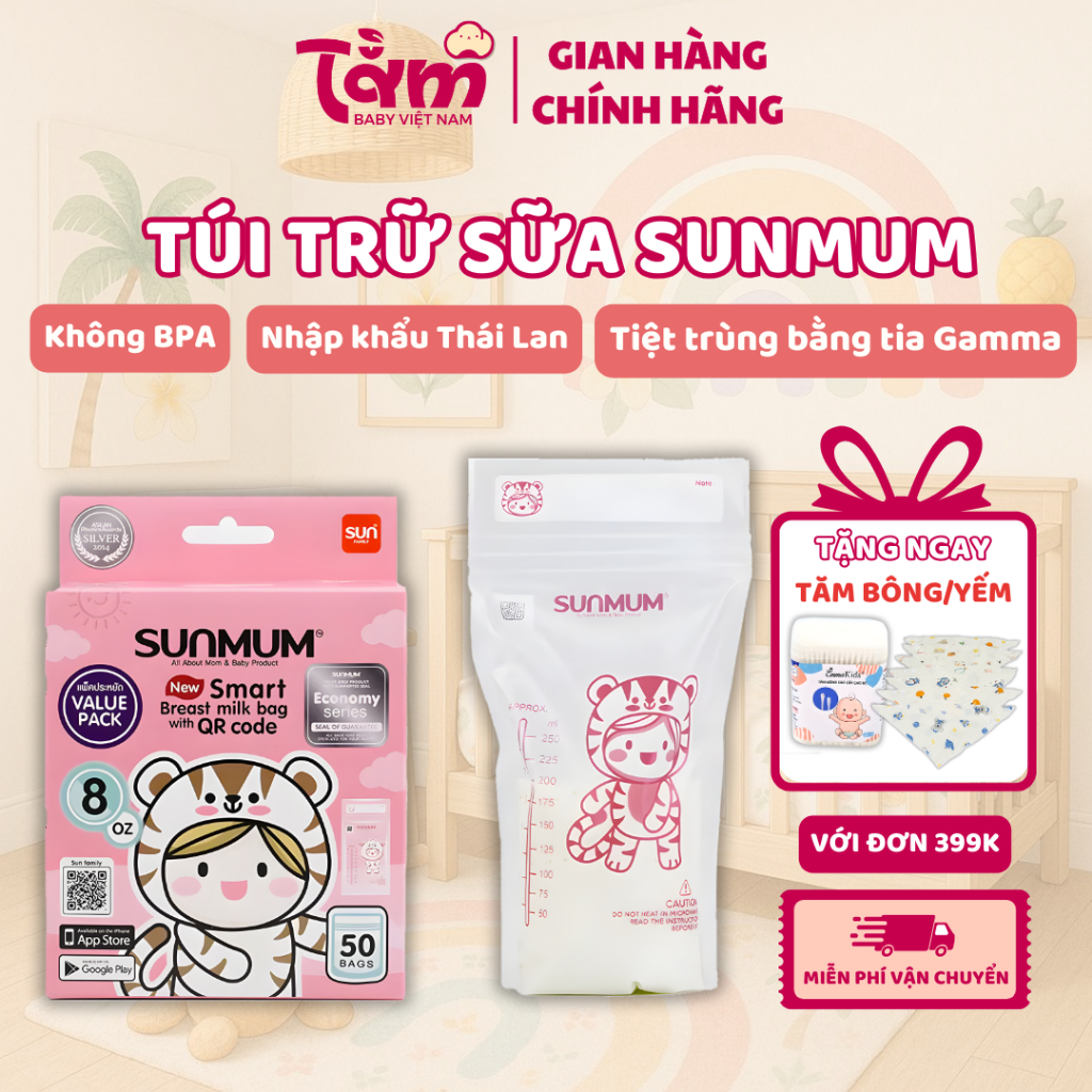 Hộp 50 Túi Trữ Sữa Sunmum Thái Lan Zip An Toàn, Không Chứa BPA - Dung tích 150ml/250ml – Tằm Baby