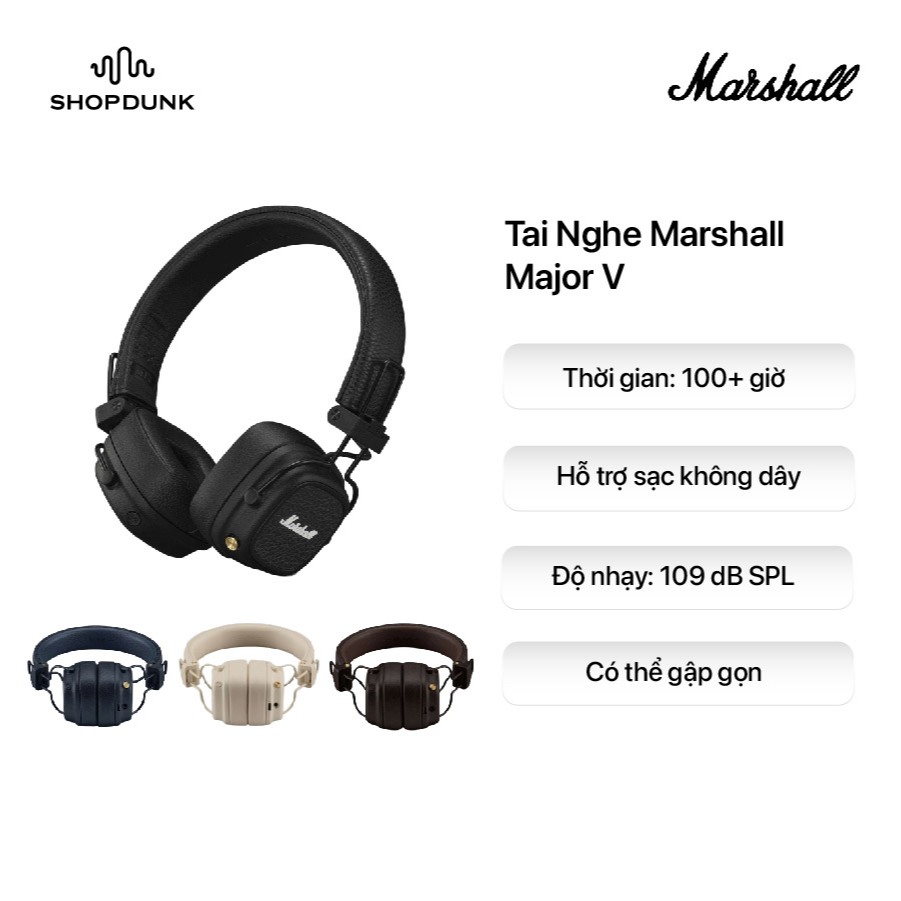 Tai nghe chụp tai không dây Marshall Major V - Đen, 40mm Dynamic Driver, Bluetooth 5.3, Pin 100 giờ