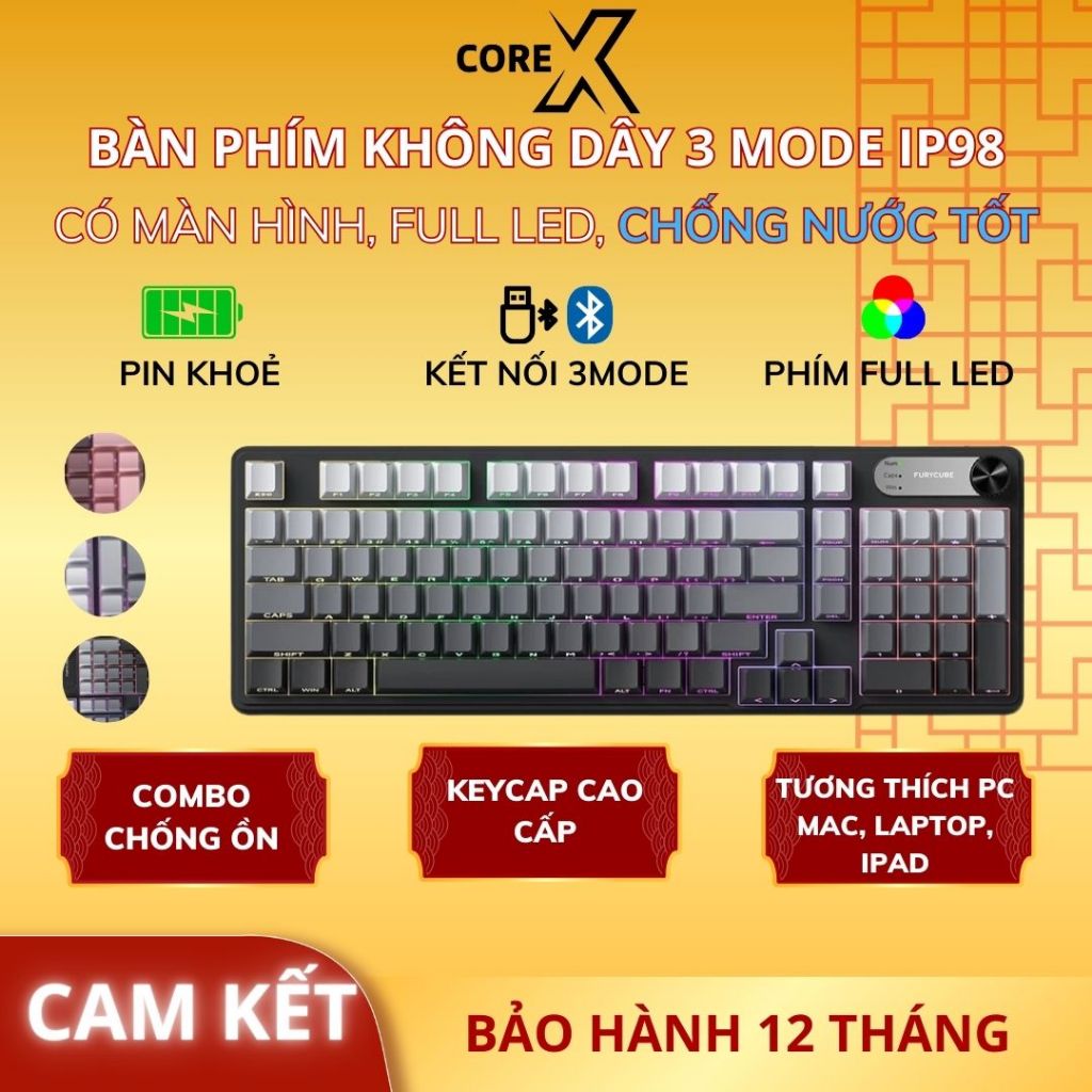 Bàn Phím IP98 LED RGB có núm tùy chỉnh, Chống thấm nước, Phím PBT Cao Cấp, Gõ Êm Chống Ồn, BH12T