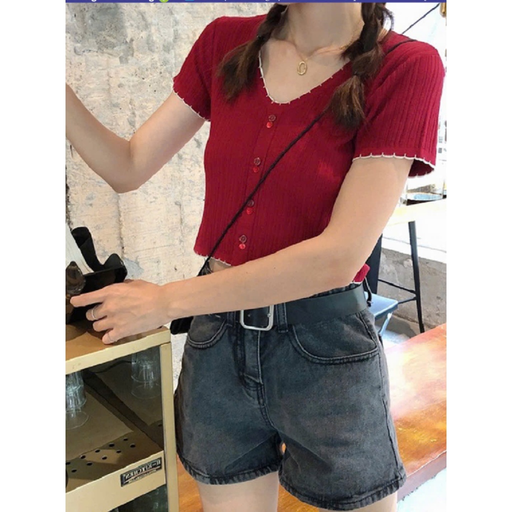 Áo len chỉ màu đỏ dáng croptop của Hàn Quốc- 2 Hand (Size M)