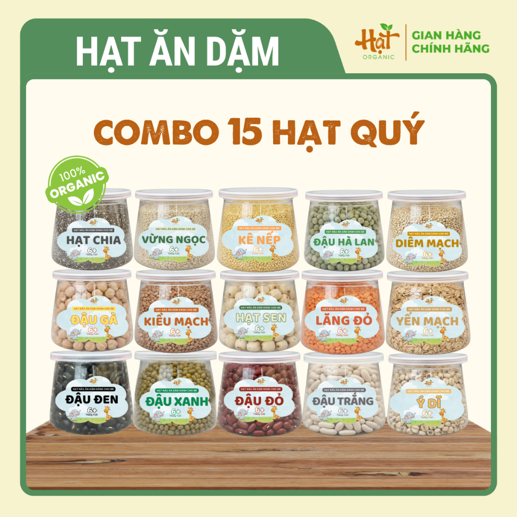 Combo 15 Hạt Ăn Dặm Hữu Cơ Dinh Dưỡng Nấu Cháo Cho Bé, Set Hạt Ăn Dặm, Hạt Nấu Cháo Hũ 115g