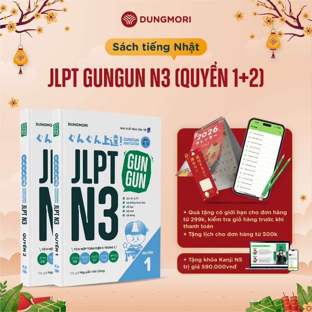 Gungun JLPT N3 Trọn Bộ 2 cuốn - Tự học tiếng Nhật JLPT N3 - Nhật Ngữ Dũng Mori