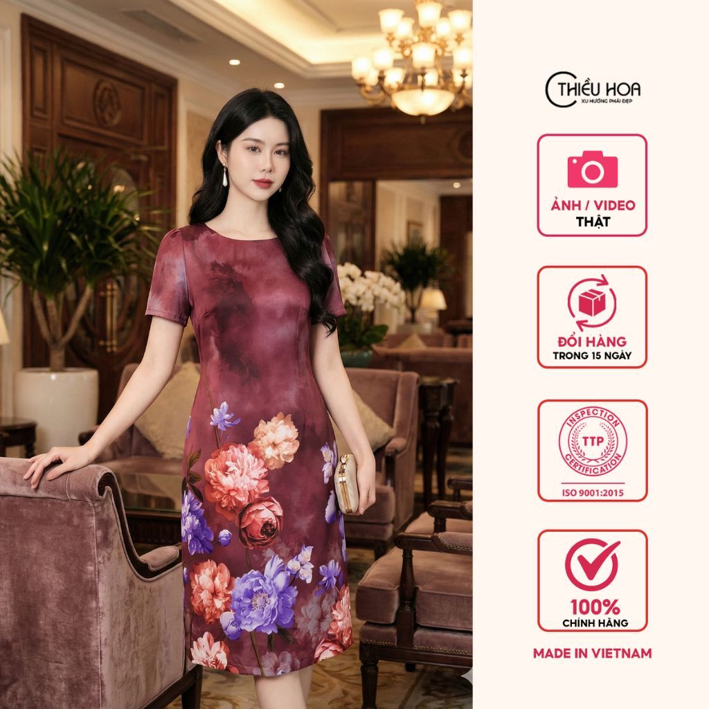 Đầm trung niên chất Lụa Mango, dáng chữ A che khuyết điểm thương hiệu Thiều Hoa DD5Y0919
