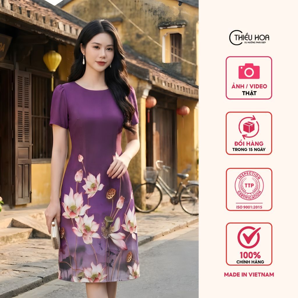 Đầm trung niên dáng suông chữ A che khuyết điểm, Vải Lụa mango mềm thương hiệu Thiều Hoa DD5Y0614