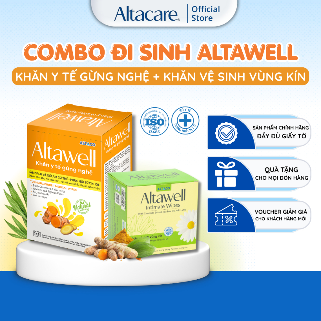 Combo cho mẹ bầu đi sinh - Khăn vệ sinh vùng kín Altawell và Khăn gừng nghệ Altawell, an toàn, vệ si