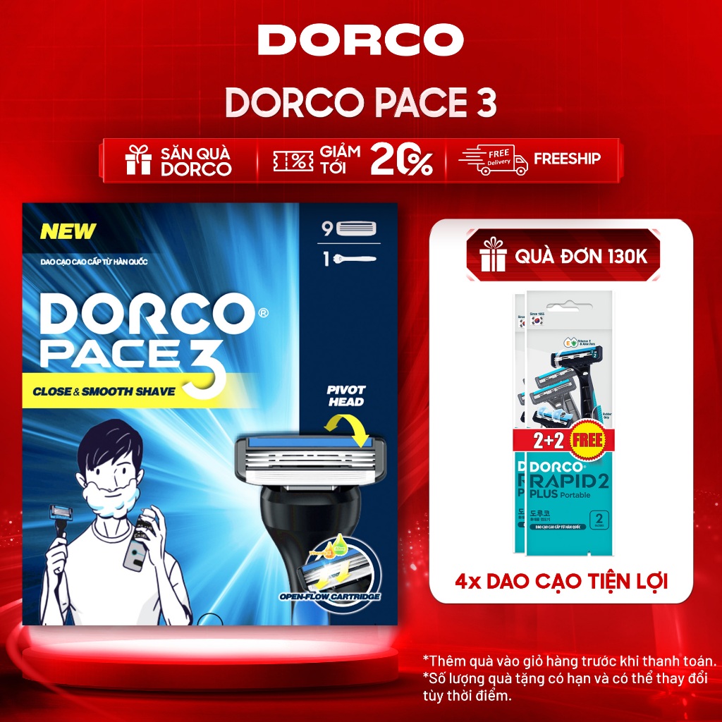 Dao Cạo Râu Hàn Quốc 3 Lưỡi DORCO PACE 3 - (GIFT)TRA4009 - HộP 1 Cán và 9 Đầu Cạo