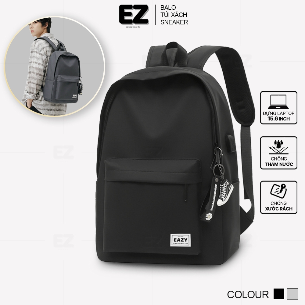 Balo đi học nữ basic đựng laptop 15.6 inch có cổng sạc usb EZ BALO Cặp học sinh nam thời trang màu đen xám BLU02