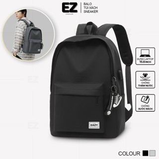 Balo đi học nữ basic đựng laptop 15.6 inch có cổng sạc usb EZ BALO Cặp học sinh nam thời trang màu đen xám BLU02