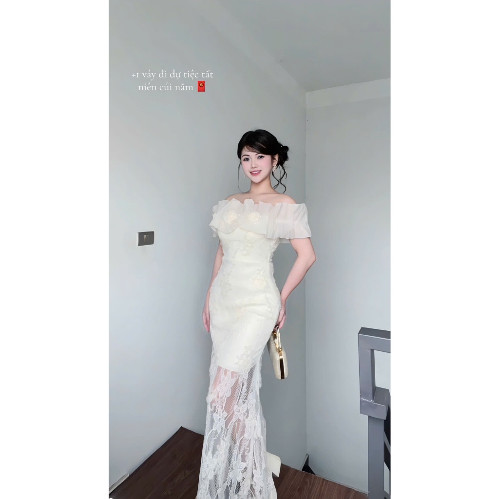 D314 Cabernet Nolan Dress đầm trễ vai hoa ren dáng dài đi biển, đi tiệc