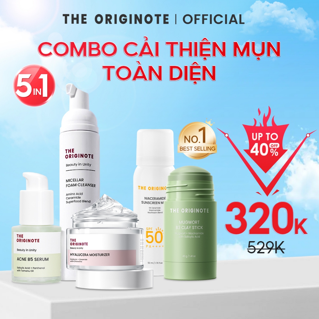 Combo 5IN1 chăm sóc da toàn diện The Originote hỗ trợ giảm mụn và làm sáng da dưỡng ẩm