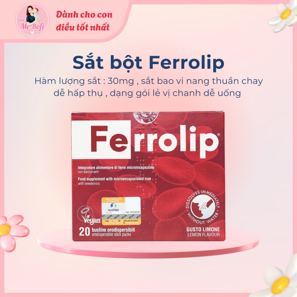 Sắt Bột Ferrolip dạng gói , Sắt Sinh học dành cho mẹ bầu Hộp 20 gói thuần chay - Mẹ Rofi