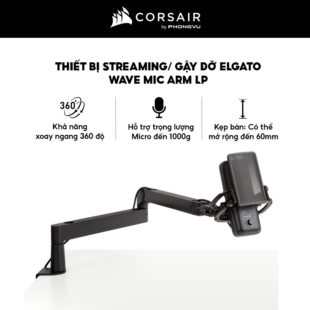 Gậy Đỡ Microphone Elgato Wave Mic Arm LP 10AAN9901 - Xoay 360 độ - Tải Trọng 1kg - Bảo Hành 24 Tháng