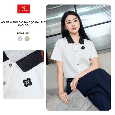 Áo sơ mi nữ CARDINA chất thô gió tay cộc gấu rút phối cổ 6ASC03