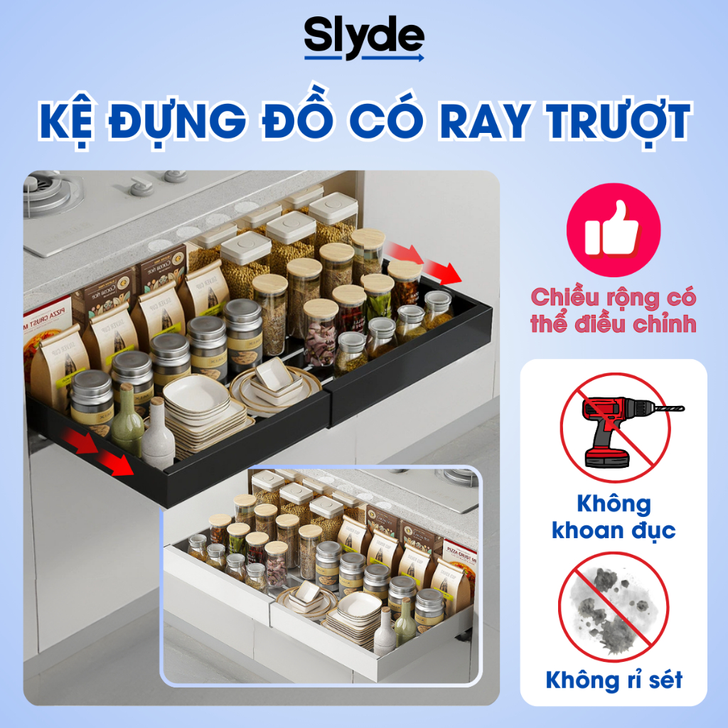 Kệ Để Đồ Nhà Bếp Có Ray Trượt SLYDE DC1, Điều Chỉnh Chiều Rộng, Lắp Tủ Bếp Kệ Chén Bát Đĩa Dạng Ngăn Kéo