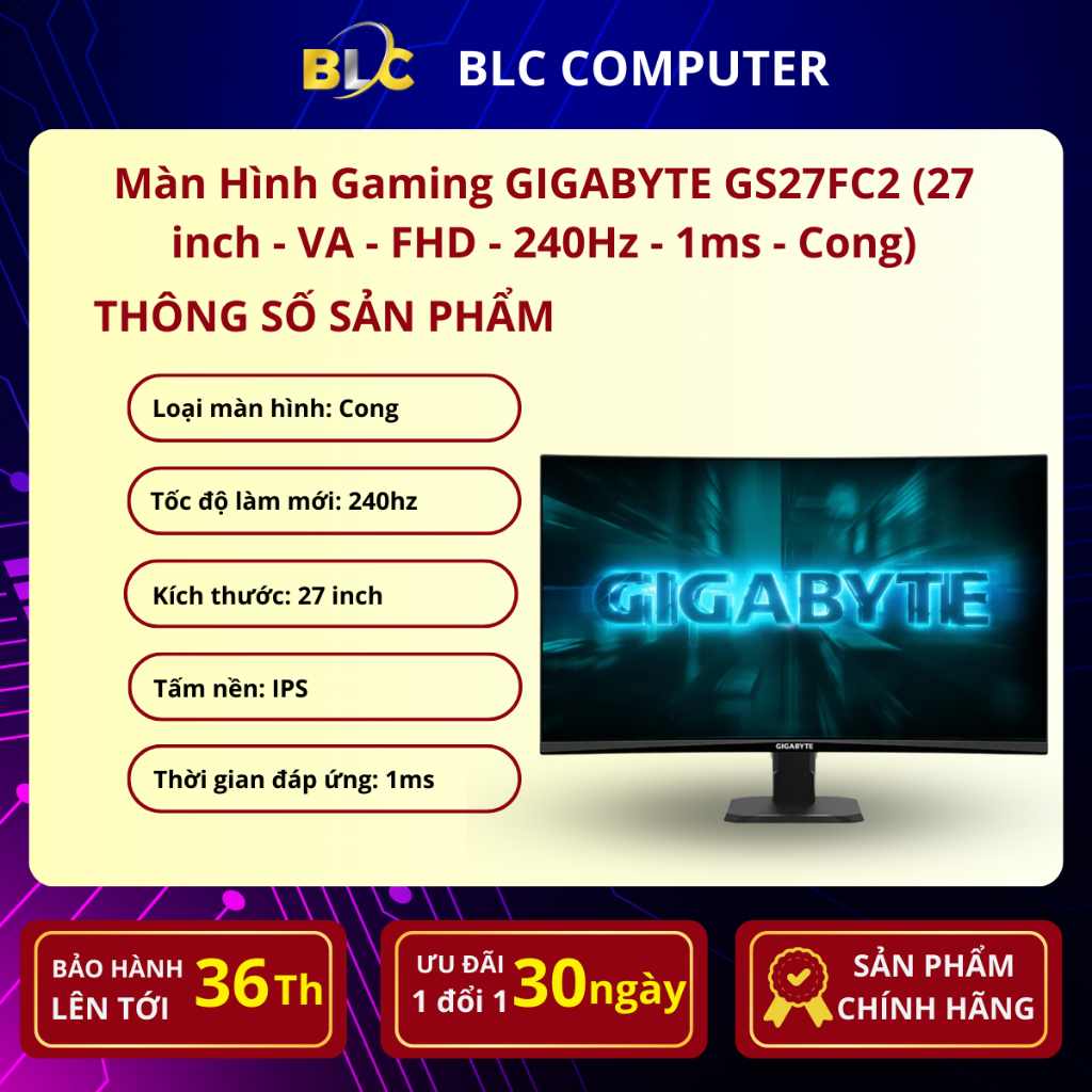 Màn Hình Gaming GIGABYTE GS27FC2 (27 inch - VA - FHD - 240Hz - 1ms - Cong)