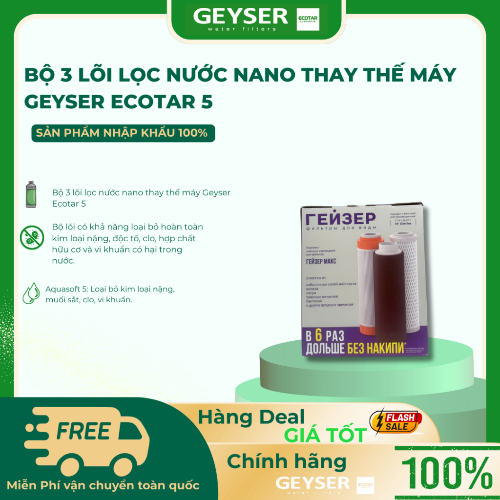 Bộ 3 Lõi Lọc Nước Nano Thay Thế Máy Geyser Ecotar 5 – Hàng Chính Hãng Geyser Việt Nam