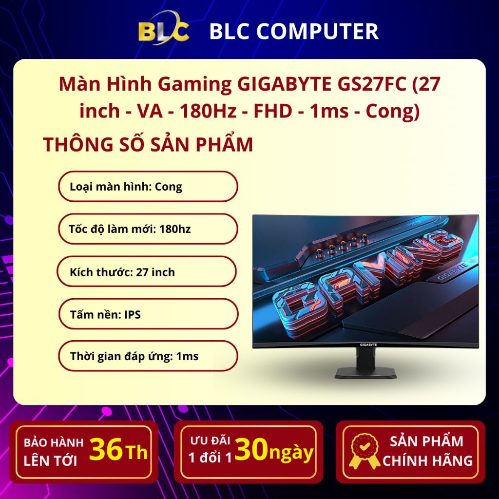Màn Hình Gaming GIGABYTE GS27FC (27 inch - VA - 180Hz - FHD - 1ms - Cong)