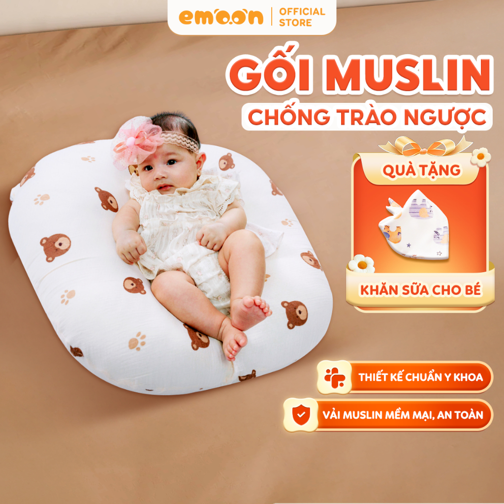 Gối chống trào ngược EMOON, chất liệu muslin cao cấp thấm hút mồ hôi an toàn cho bé giảm thiểu tình trạng nôn trớ sau ăn