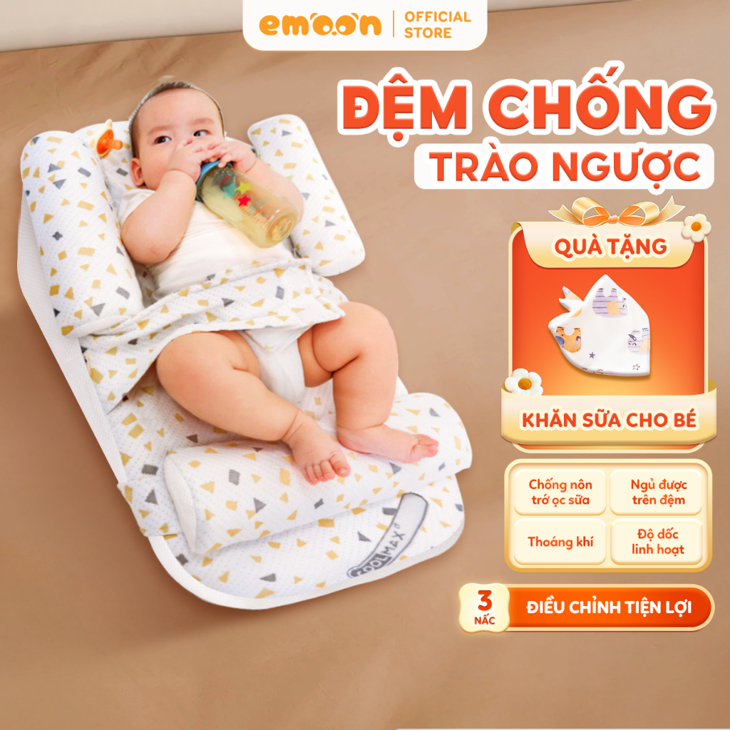 Đệm chống trào ngược cho bé Emoon cao cấp có gối chặn kèm đai cố định giúp bảo vệ cột sống cho bé