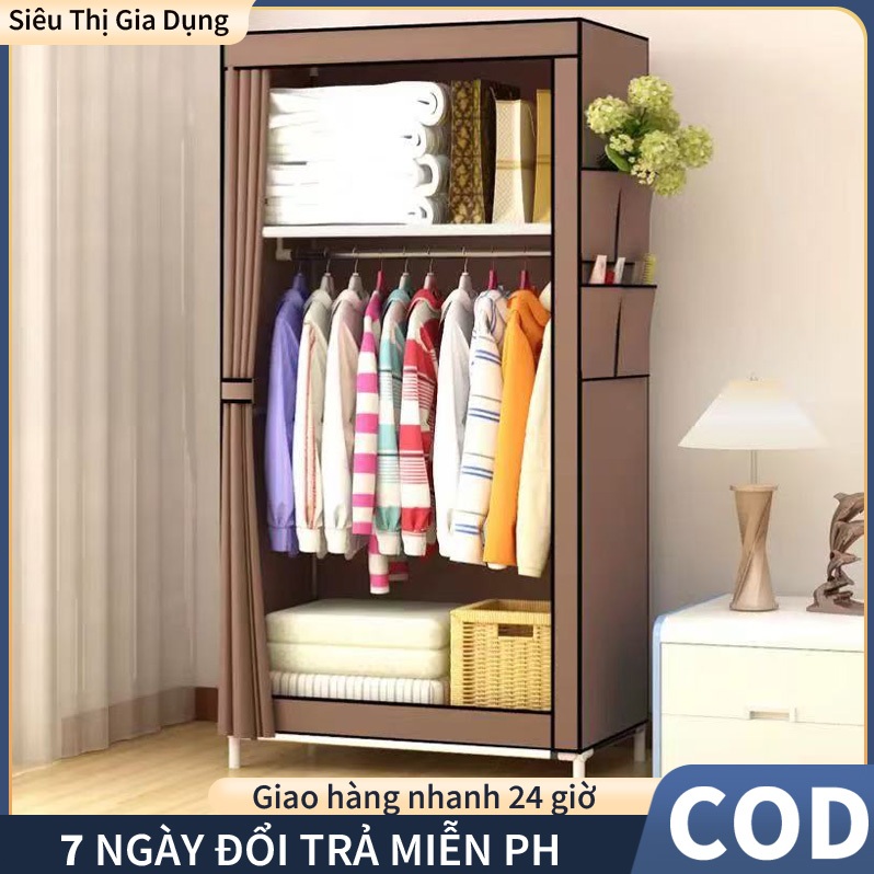 Tủ vải đa năng, đựng quần áo, đồ dùng tiện lợi, có rèm khóa chống bụi, khung kim loại chắc chắn