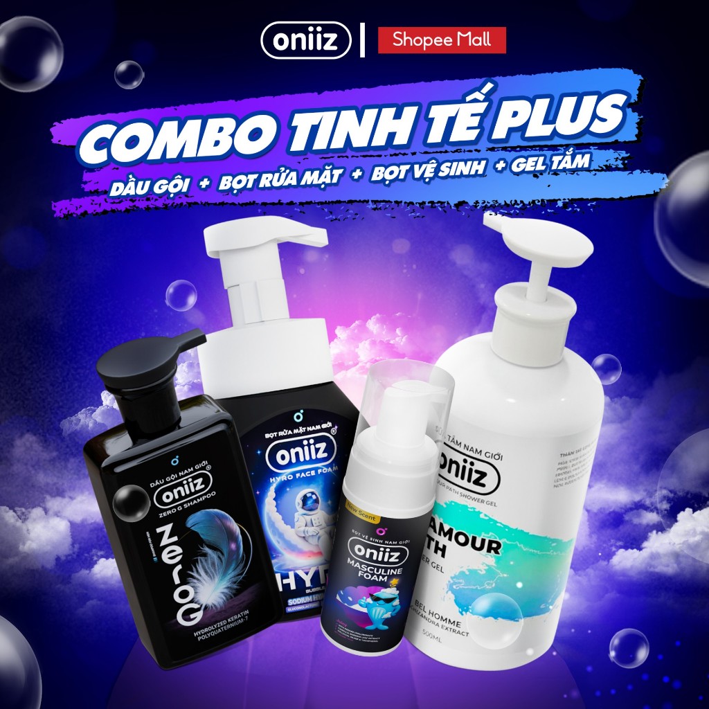 Combo Tinh Tế Plus - Bọt vệ sinh nam giới mới Oniiz Plus 145ml, Sữa tắm hương nước hoa, Dầu gội Zero