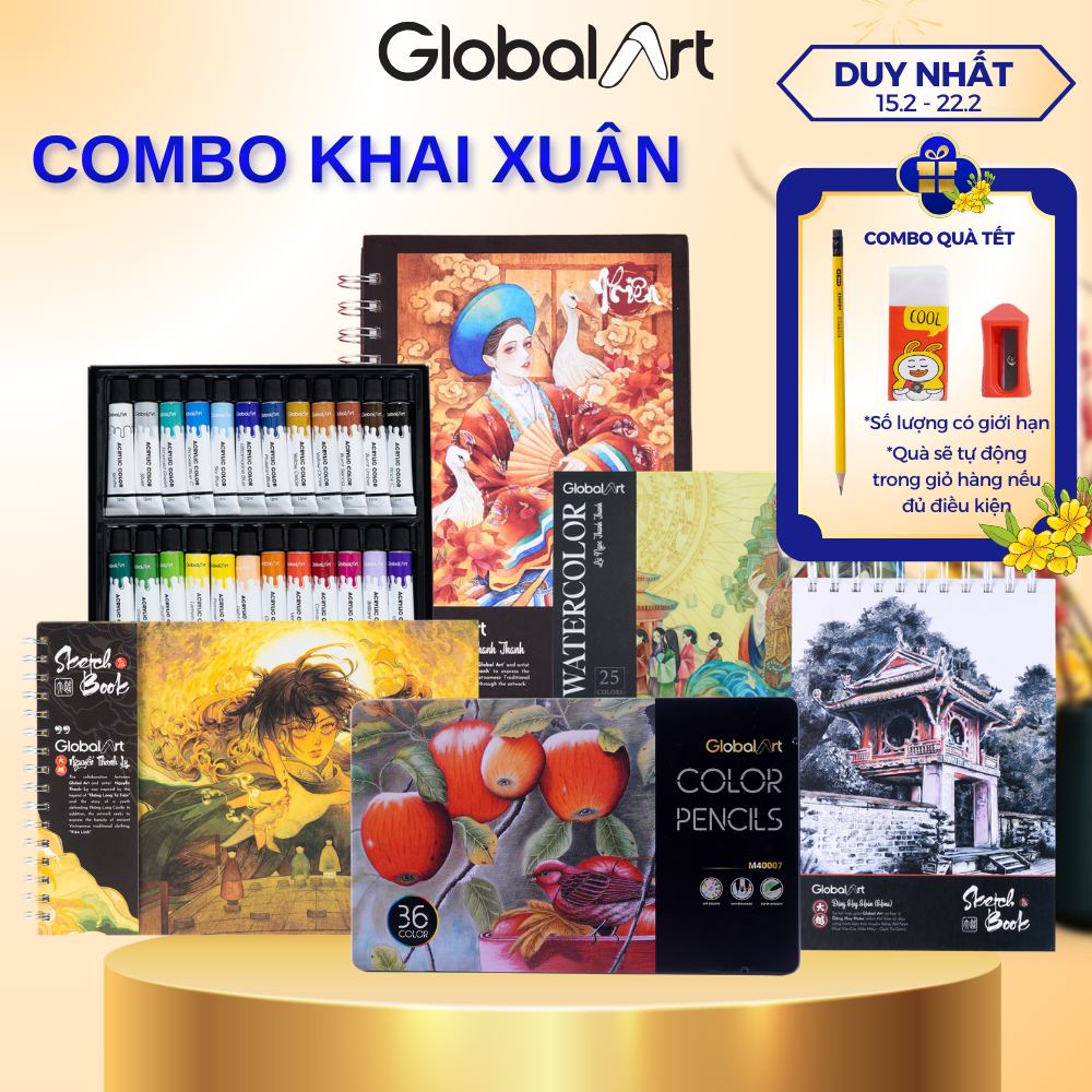 Combo Khai Xuân Global Art - Luyện Tô Màu Chì, Màu Nước, Màu Acrylic, Kèm Sổ Vẽ