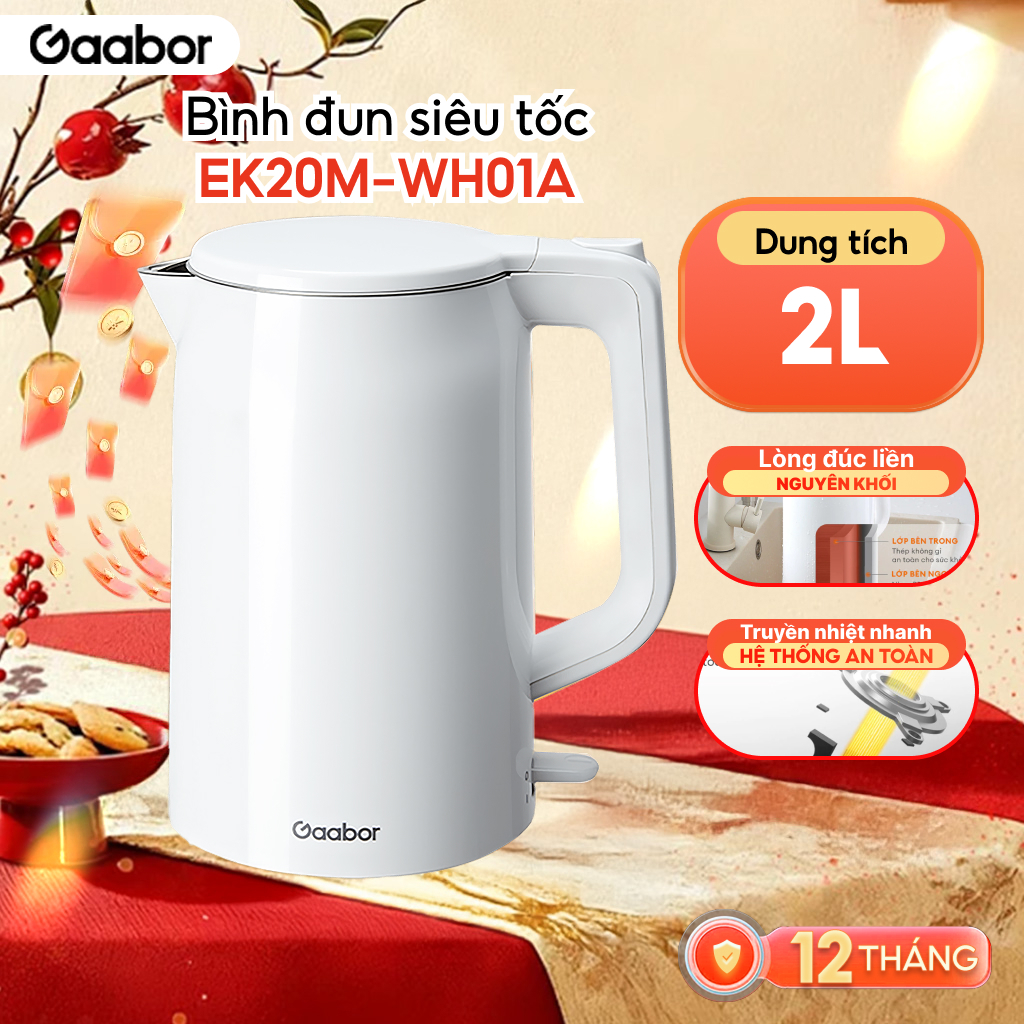 Bình đun siêu tốc Gaabor EK20M-WH01A/WH02A dung tích lớn 2L công suất 1500W lòng ấm thép đúc liền kề