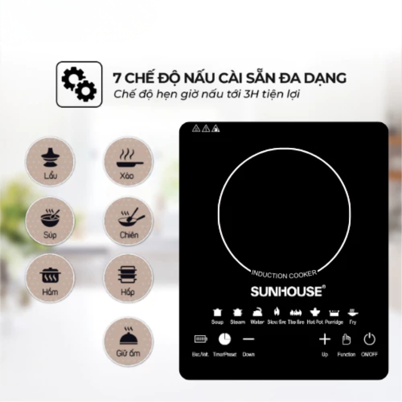 Bếp Từ SUNHOUSE Thế hệ mới, Bếp Từ Đơn Công suất 2200W Điều khiển cảm ứng, nấu siêu nhanh