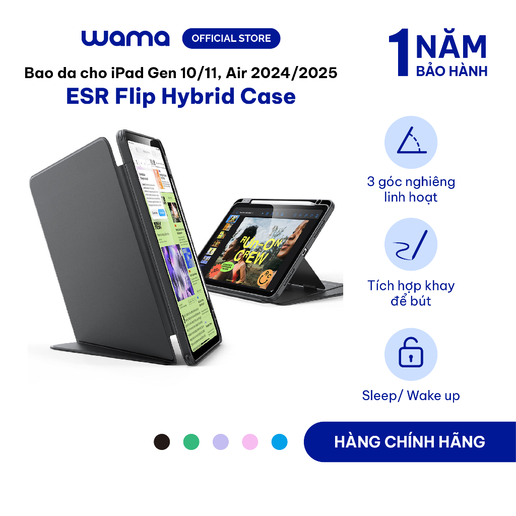 Ốp lưng bao da ipad ESR Flip Hybrid Case 5 lớp bảo vệ toàn diện 3 góc xem cho Gen 10/11 Air 4/5/6/7 