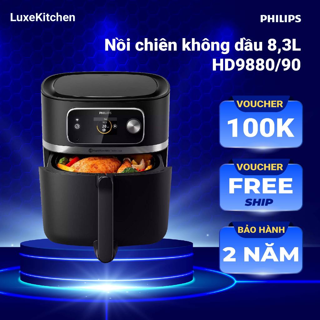 Nồi Chiên Không Dầu cao cấp Philips HD9880/90 XXL Công suất 2000W, màn hình điện tử, kết nối Wi-Fi
