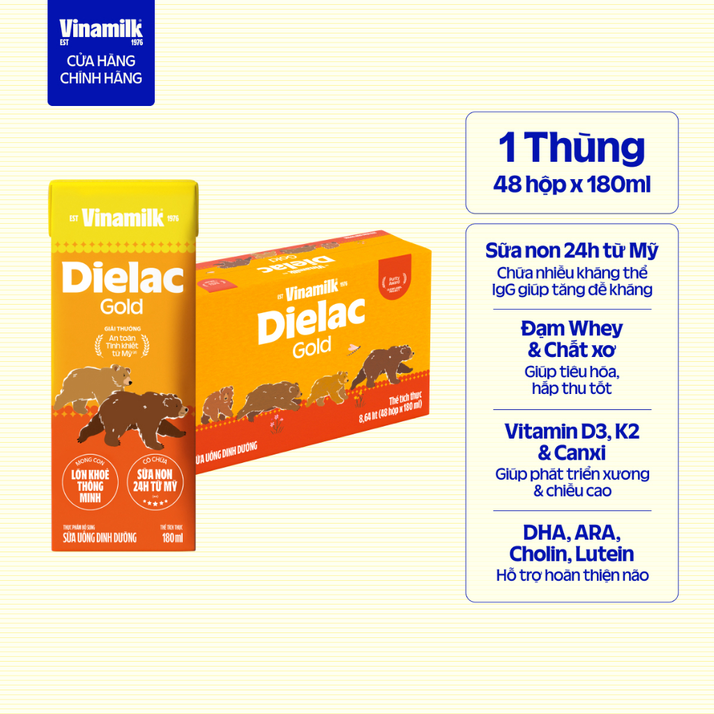 Sữa bột pha sẵn Vinamilk Dielac Gold - Thùng 48 hộp 180ml