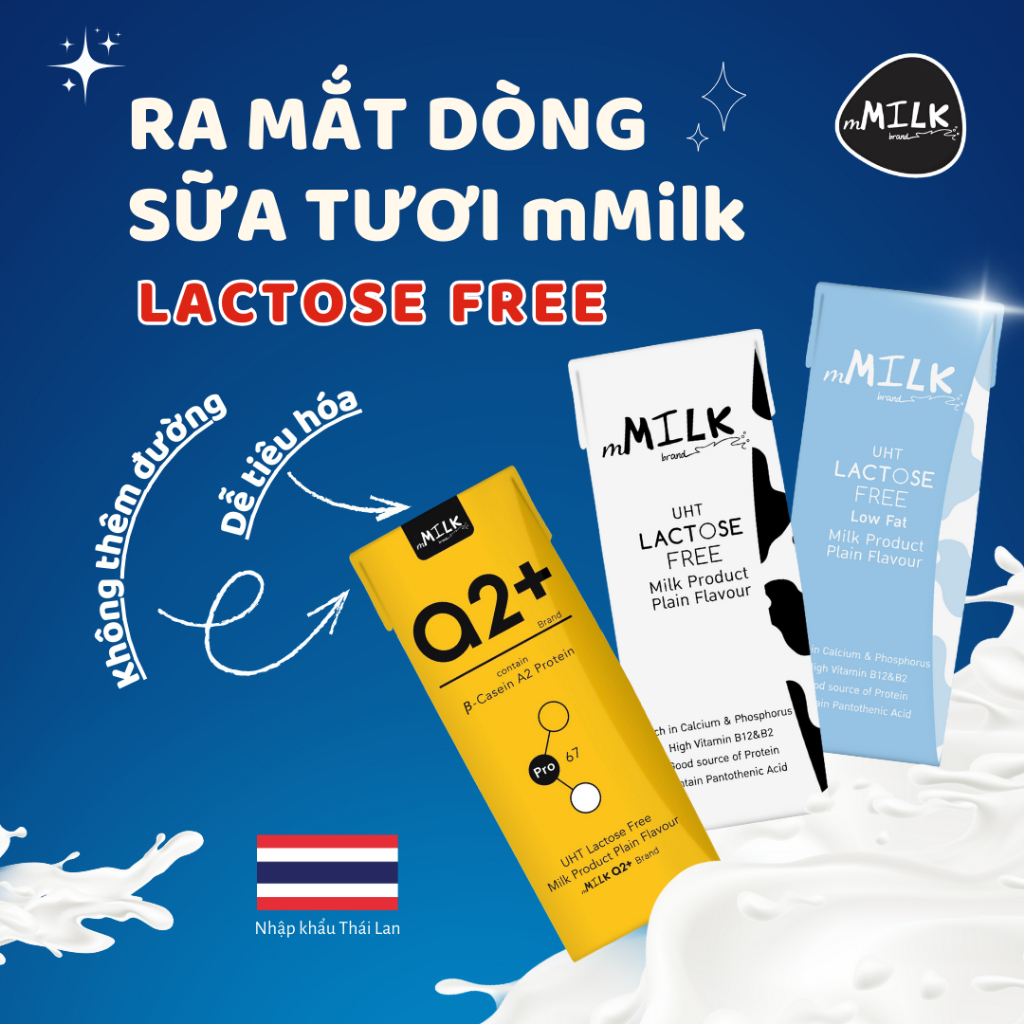 Sữa Tươi Không Lactose mMilk 180ml – Đạm Cao Cấp A2+ / Nguyên Kem / Ít Béo – Dễ Uống, Nhẹ Bụng – Nhập Khẩu Thái Lan