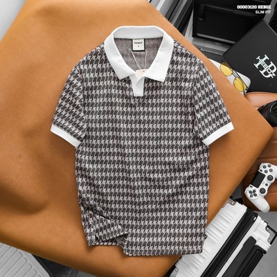 Áo polo nam HEBOZ Houndstooth Knit 3M, áo thun nam ngắn tay họa tiết cổ V - 00003120