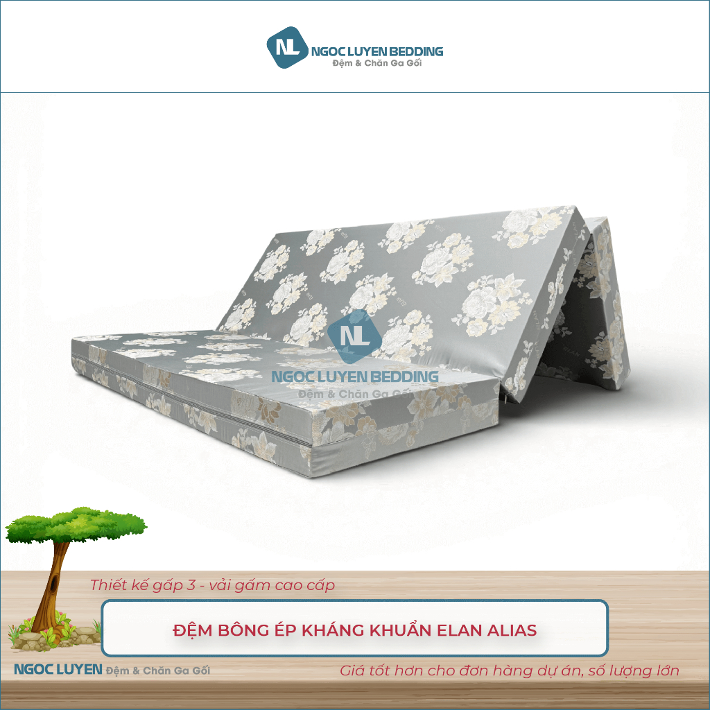 Đệm bông ép kháng khuẩn Elan Alias - Thiết kế gấp 3 - Vải gấm cao cấp