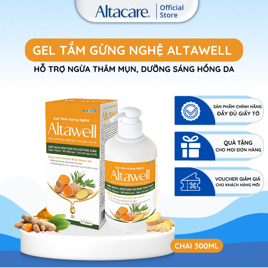 Gel Tắm Gừng Nghệ Altawell - Hỗ trợ Ngừa Thâm Mụn, Hạn Chế Mụn Cơ Thể, Dưỡng Sáng Hồng Da