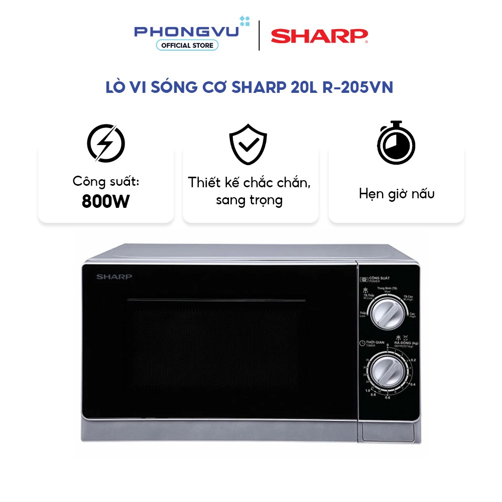 Lò vi sóng cơ Sharp R-205VN (20L) - 800W, 5 mức công suất, Điều khiển tiếng Việt - Bảo hành 12 tháng