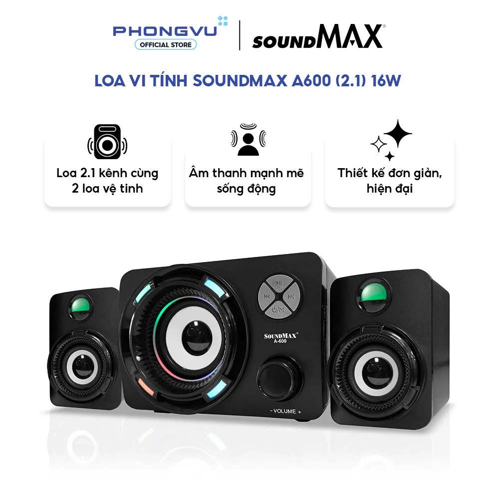 Loa vi tính SoundMax A600 (2.1) 16W - Bluetooth - Hỗ trợ USB/SD Card - Bảo hành 12 tháng