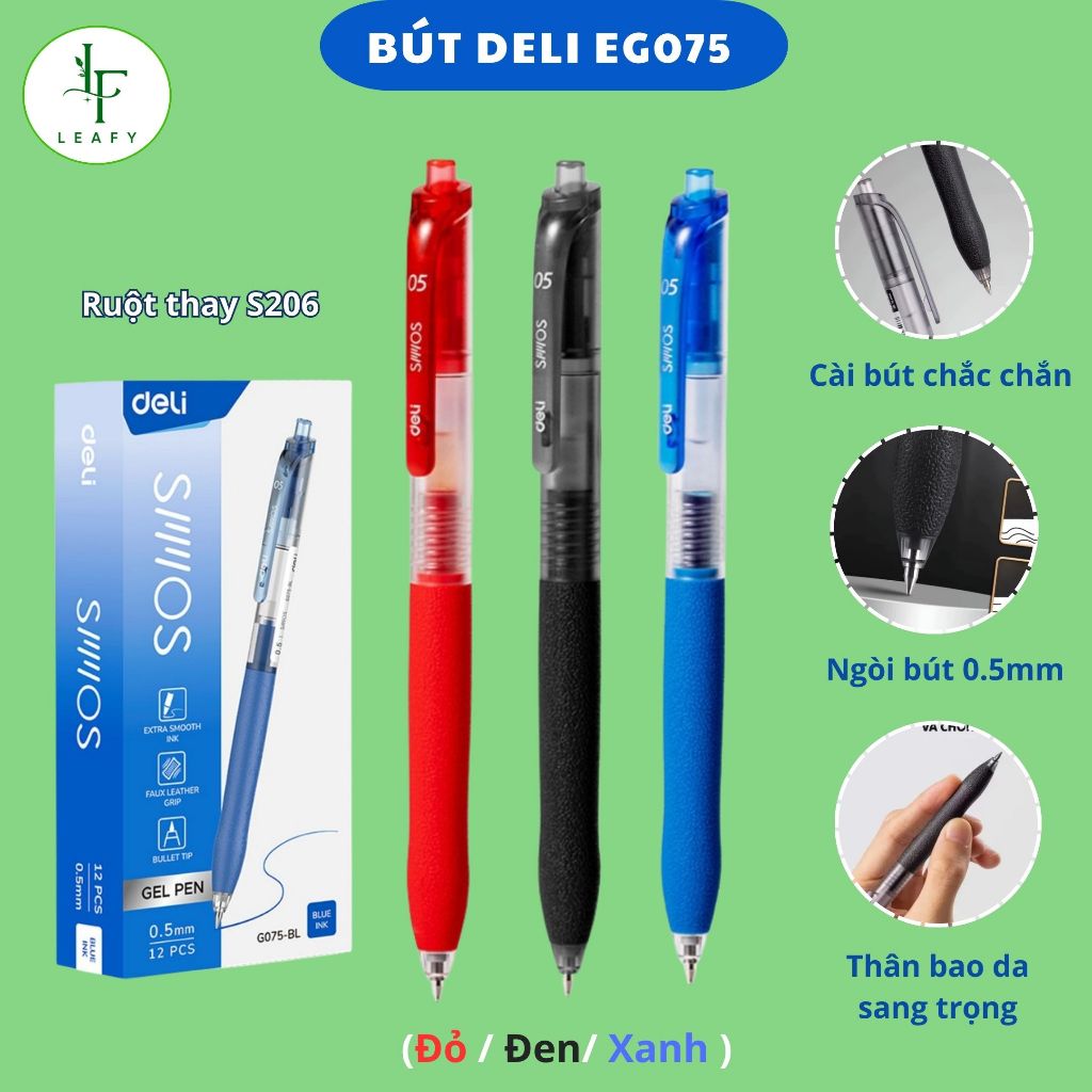 (3-12c) Bút gel Deli bao da chống bẩn, trơn trượt G075 ngòi 0.5mm ruột thay S206-Leafy Moment