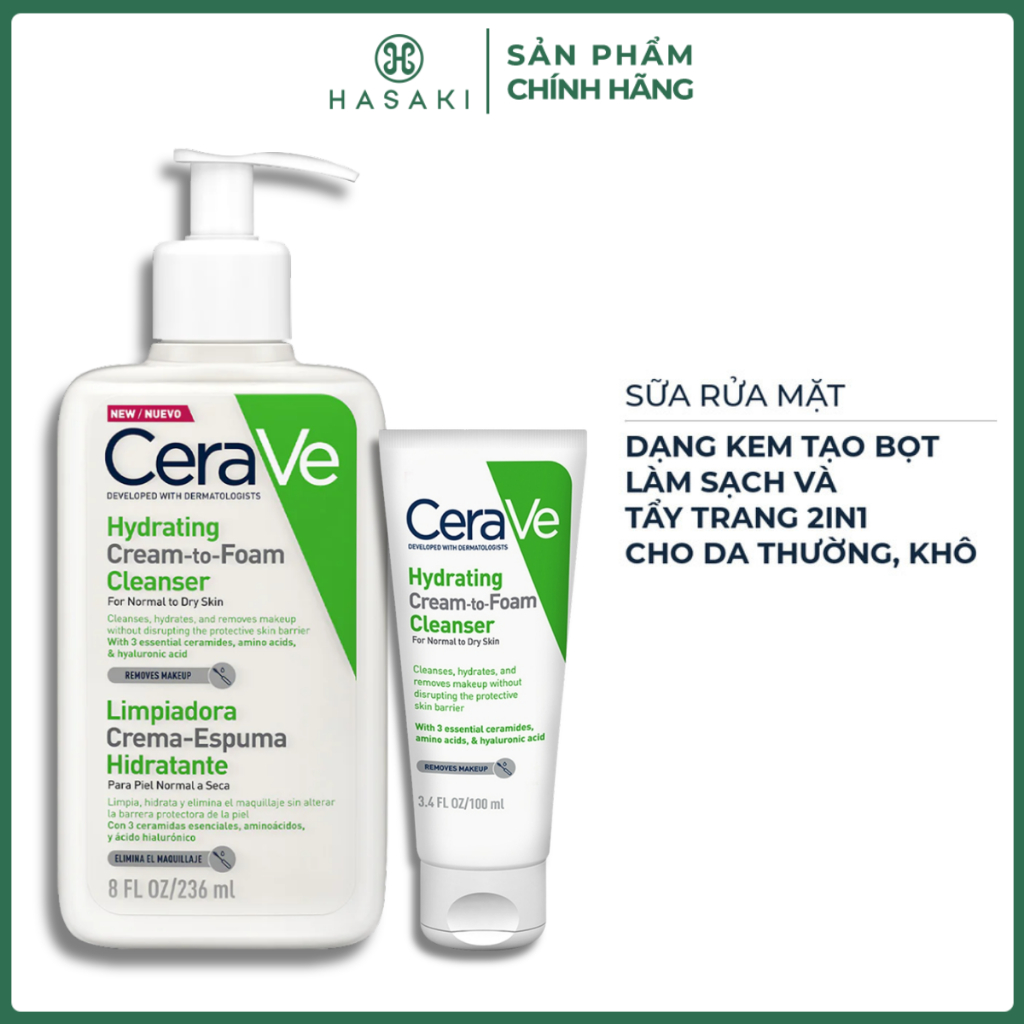 Sữa Rửa Mặt CeraVe Dạng Kem Tạo Bọt Cho Da Thường, Khô Hydrating Cream-to-Foam Cleanser Hasaki Sản P