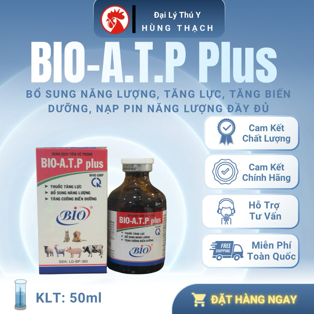 BIO ATP Plus 50ml tiêm nạp năng lượng, tăng lực, biến dưỡng, tăng nước máu cho gà, heo, bò, chó, mèo