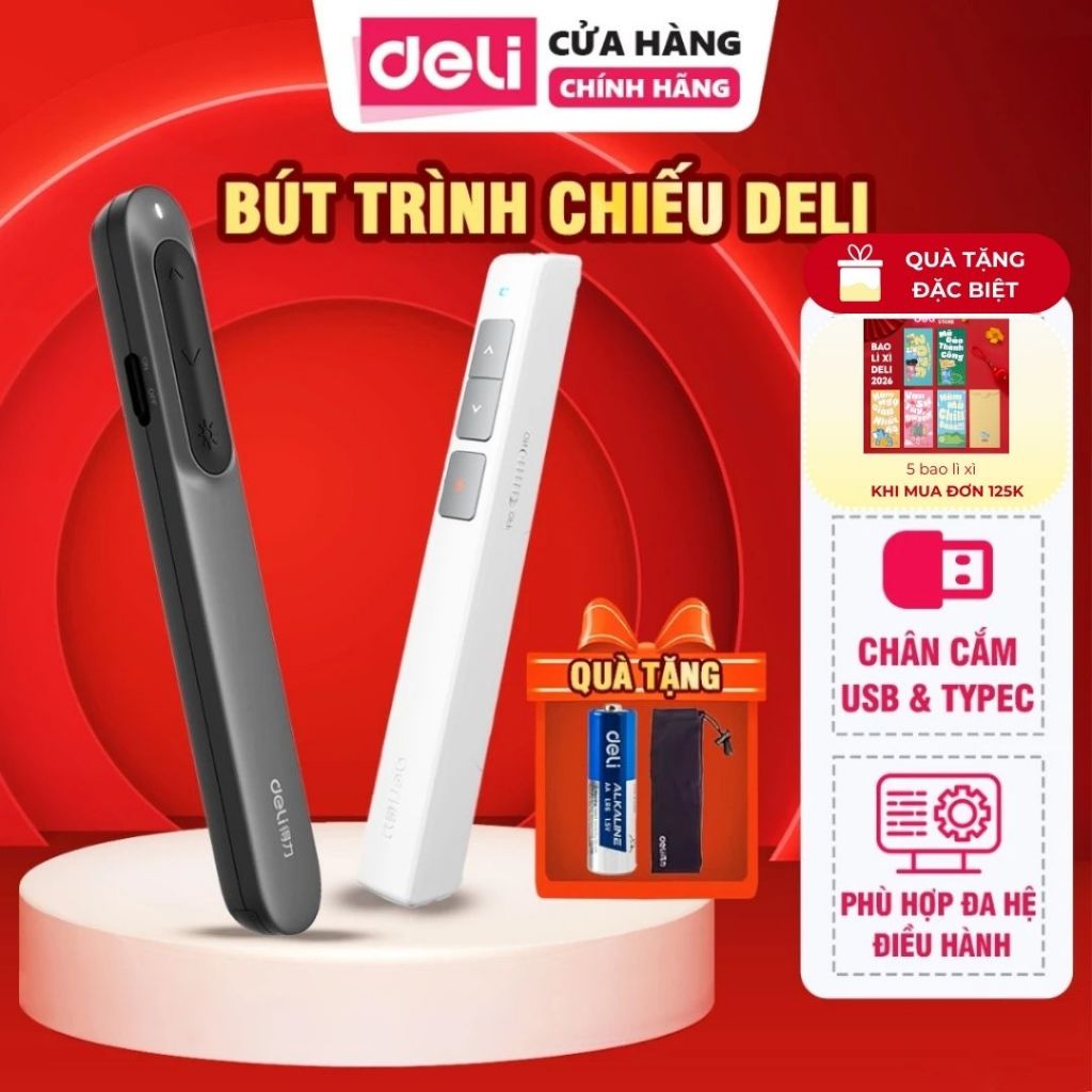 Bút Trình Chiếu DELI Bút Thuyết Trình Powerpoint Laser MA100 Điều Khiển Từ Xa 100M Kết Nối USB TypeC