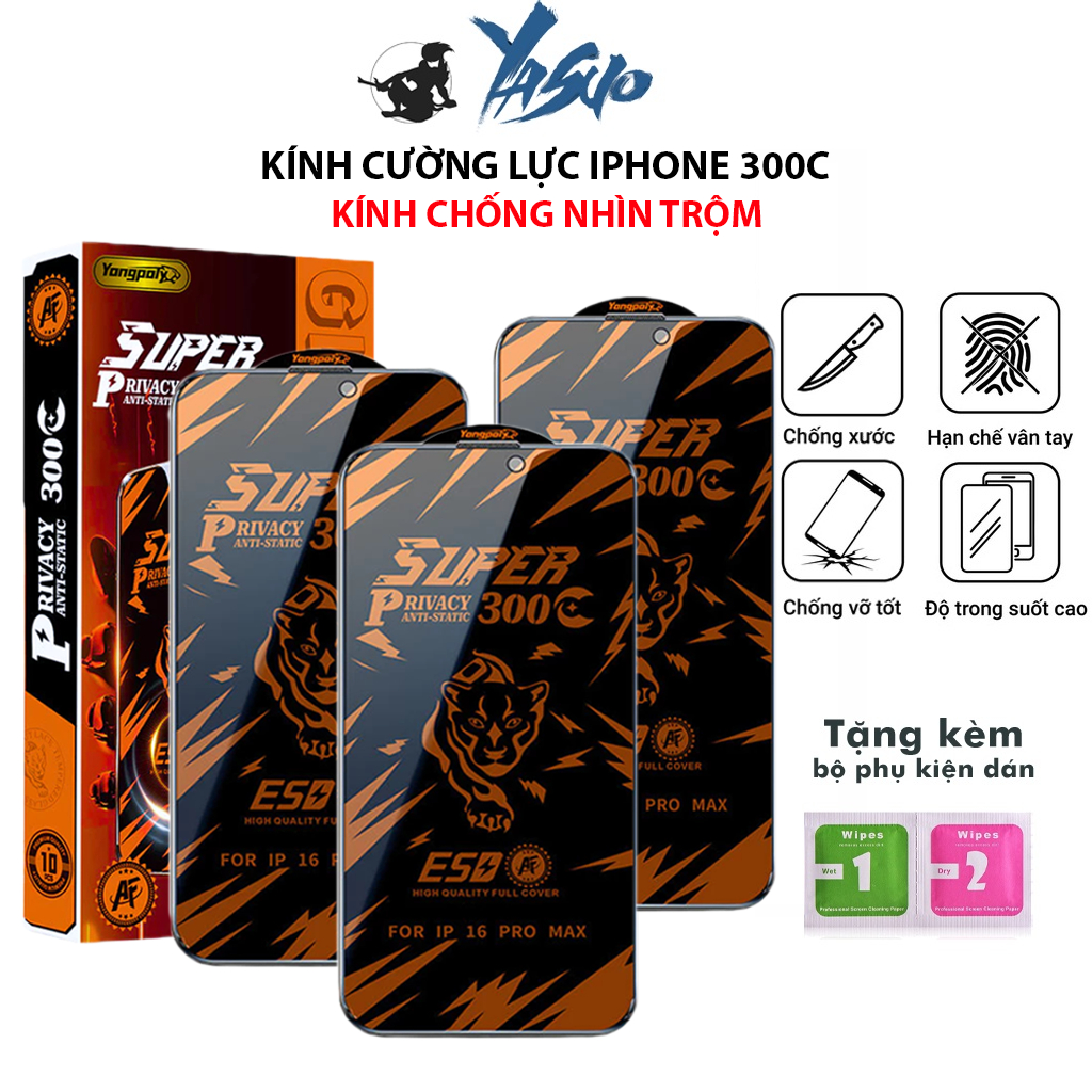 Kính Cường Lực Viền Cong iPhone 300C Chống Nhìn Trộm Siêu Dày Bảo Vệ Màn Hình cho máy 17 16 15 14 13 12 11 Pro max Xsmax