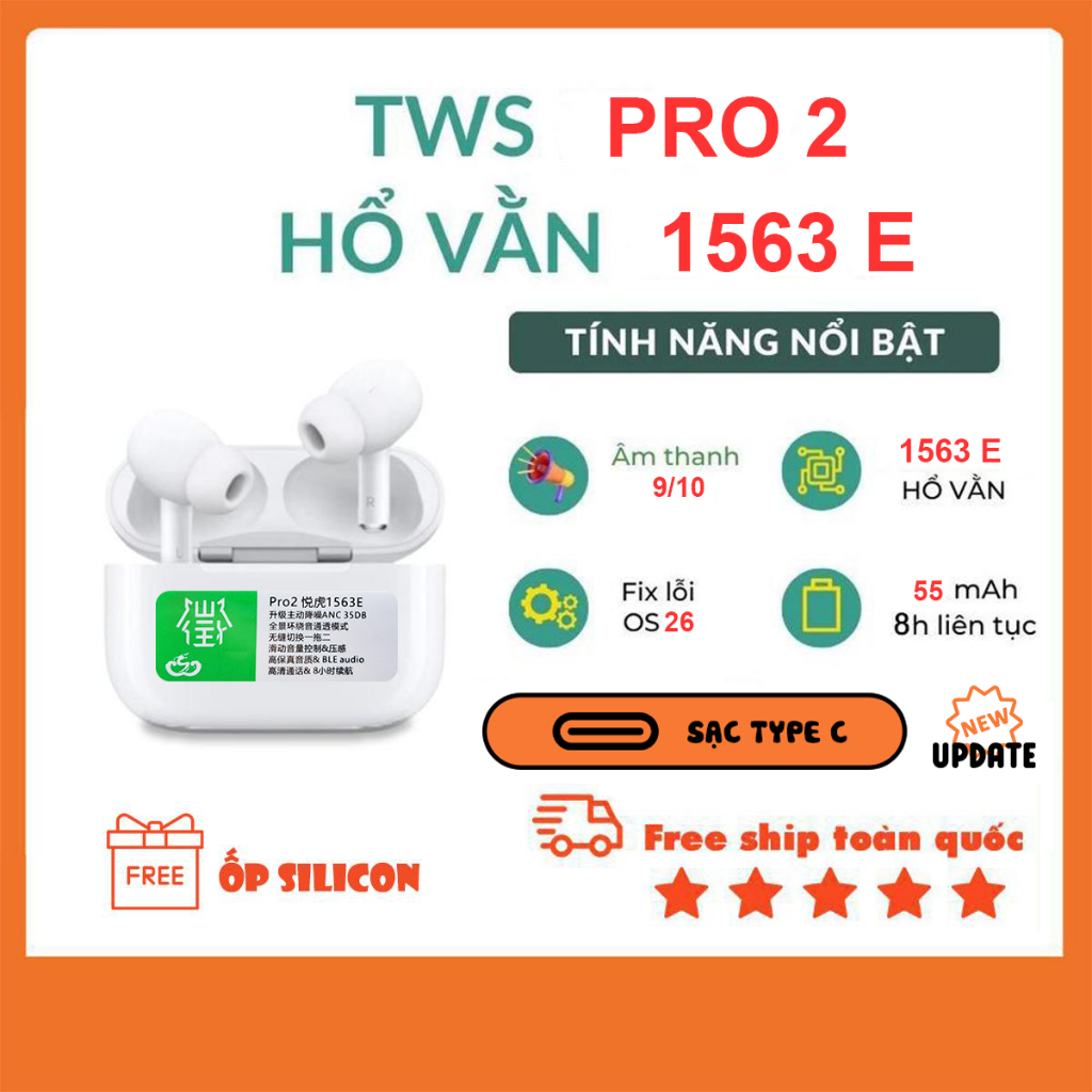 Tai Nghe Bluetooth PRO 2 ANC Hổ Vằn CHIP 1563E (Chip vip), Sạc Type C, Fix OS 26, Chống ồn ANC, Âm t