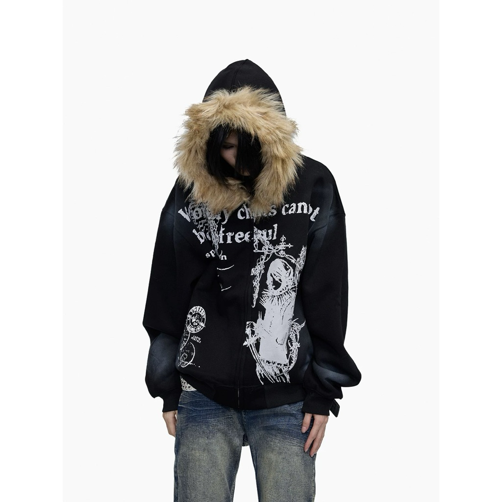 Redemption Dark Washed Fur Hoodie – Zip Jacket
