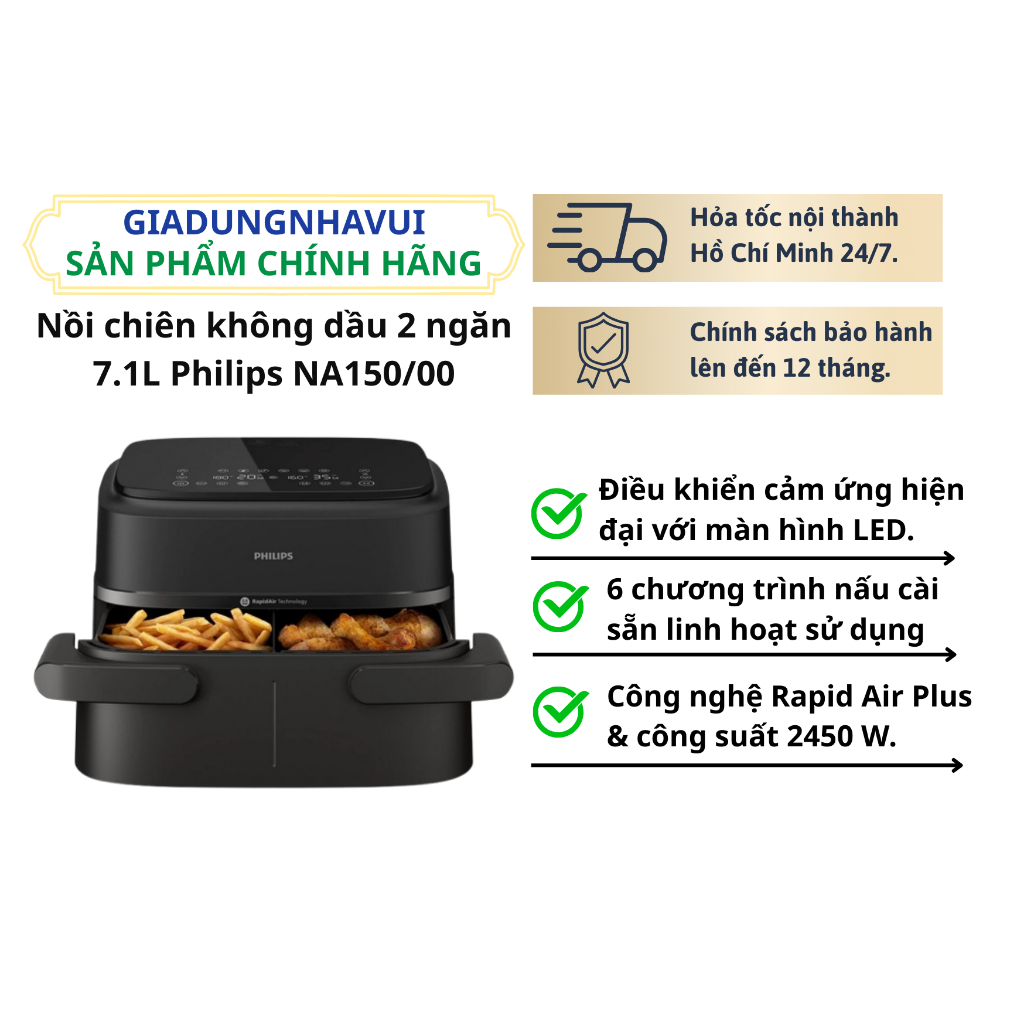 Nồi chiên không dầu 2 ngăn 7.1L Philips NA150/00