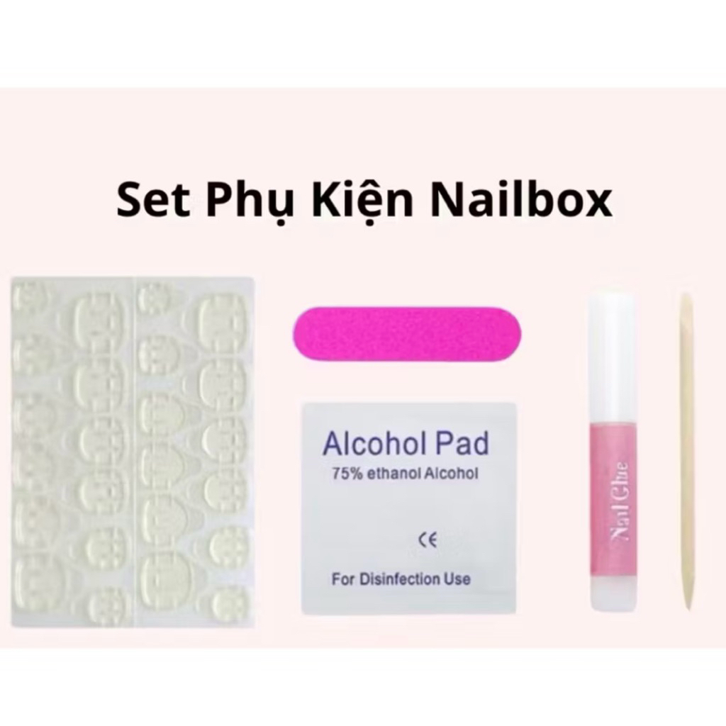 set 5 món phụ kiện gắn nailbox, set gắn nailbox mini (miếng dán 24c, keo, dũa mini, bông cồn, que đẩy da)