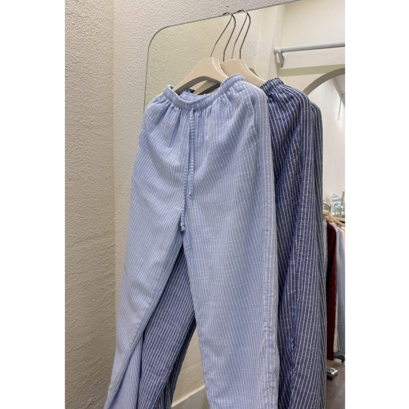 Quần Linen Dây Rút Ống Rộng Pepper Clothing Quần Dài Dáng Suông Lưng Thun Co Giãn Kẻ Sọc Trendy Thoả