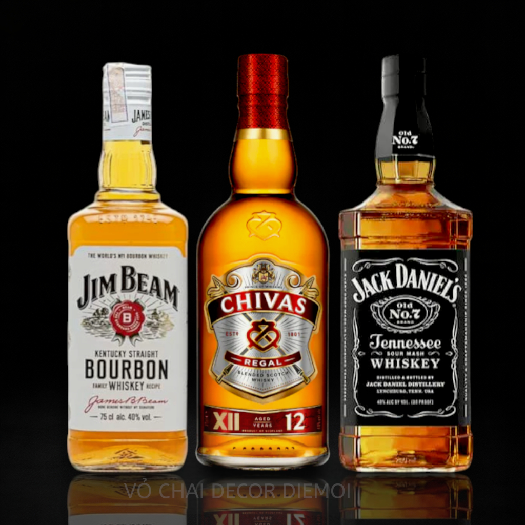 [ DIEMOI ] Combo 3 Vỏ Chai Whisky – Chivas 12 + Jim Beam + Jack Daniel’s | Decor Bar & Sưu Tầm