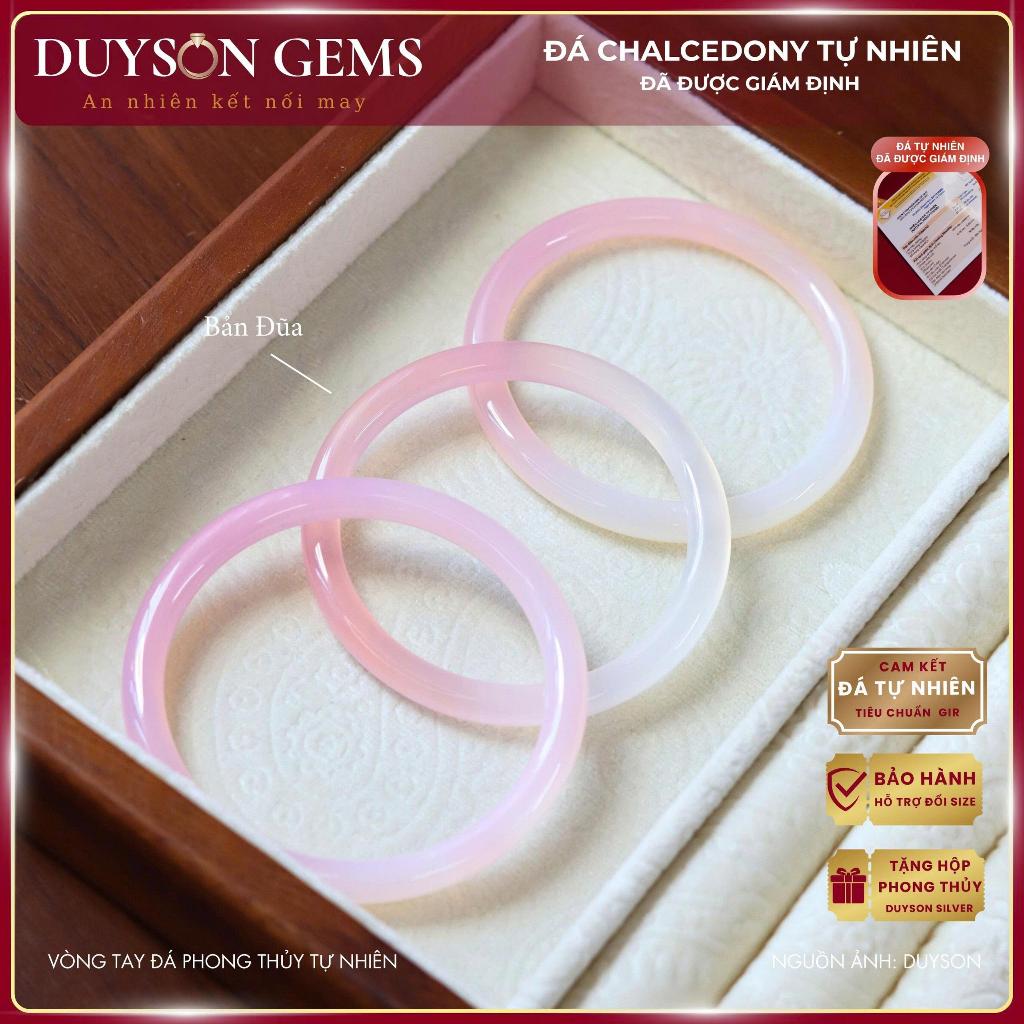 Vòng tay đá Chalcedony tự nhiên màu Hồng phớt Trắng nguyên khối bản đũa Duyson Gem